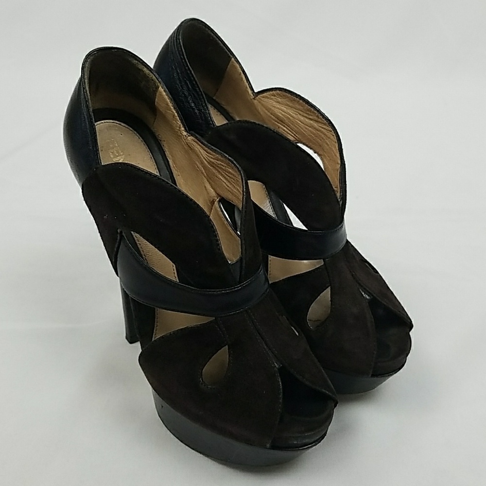 Fendi women 6.5 brown‎ velvet platform peep toe pumps cutout Italy club goth